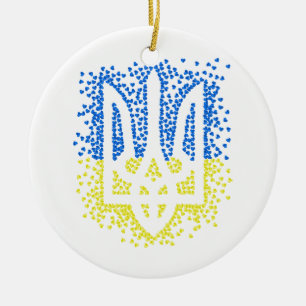 Ukrainian emblem trident tryzub scattering hearts ceramic tree decoration