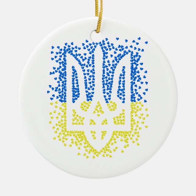 Ukrainian emblem trident tryzub scattering hearts ceramic tree decoration (Front)