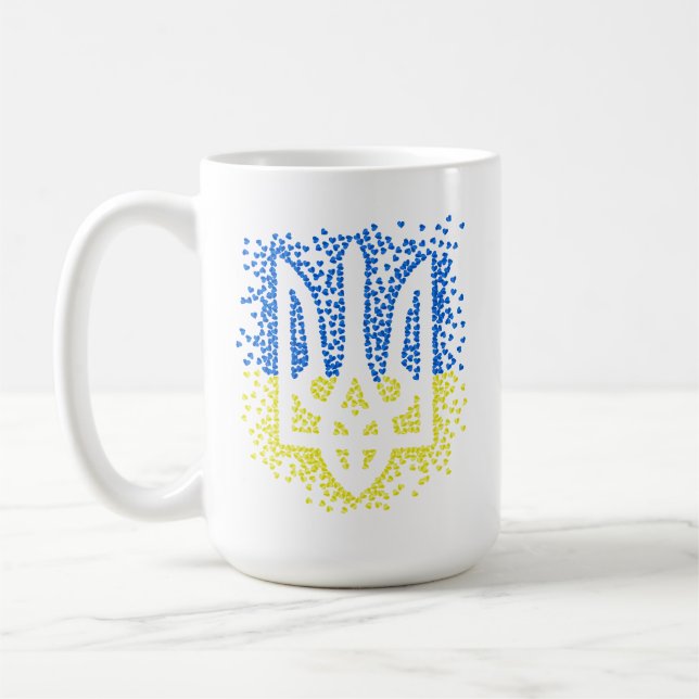 Ukrainian emblem trident tryzub scattering hearts coffee mug (Left)