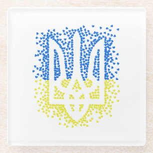 Ukrainian emblem trident tryzub scattering hearts glass coaster