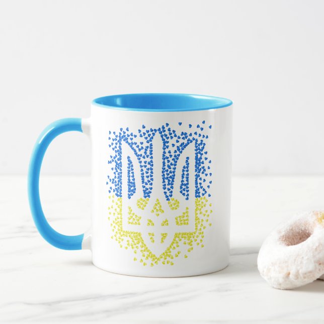 Ukrainian emblem trident tryzub scattering hearts mug (With Donut)