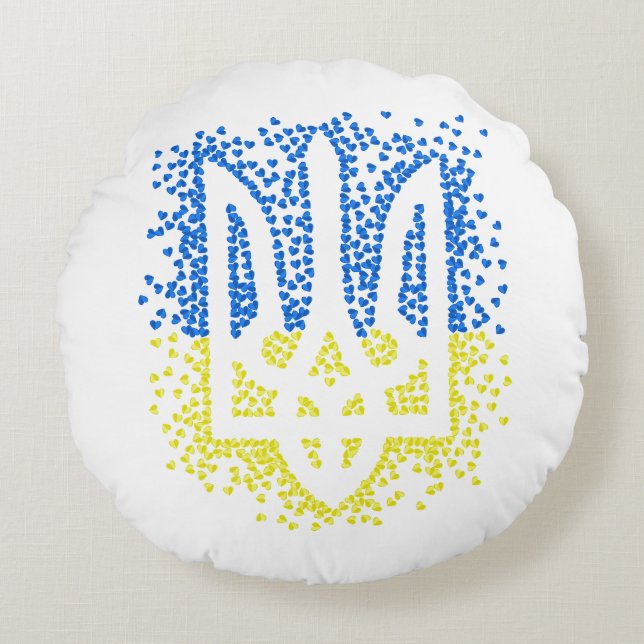 Ukrainian emblem trident tryzub scattering hearts round cushion (Front)