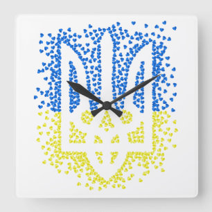 Ukrainian emblem trident tryzub scattering hearts square wall clock