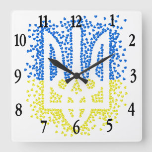 Ukrainian emblem trident tryzub scattering hearts square wall clock