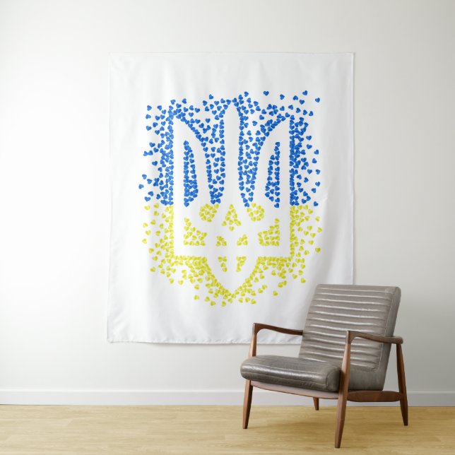 Ukrainian emblem trident tryzub scattering hearts tapestry (In Situ)