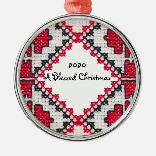 Ukrainian Embroidery Print Blessed Christmas Metal Tree Decoration (Front)