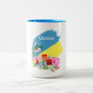 Ukrainian flag and flowers Two-Tone coffee mug