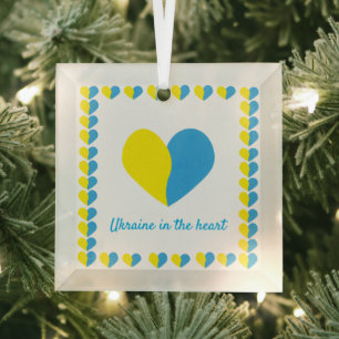 Ukrainian flag on heart simple design glass tree decoration