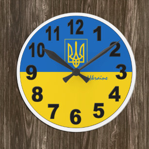 Ukrainian Flag & Ukraine Clock, large No / Emblem Round Clock