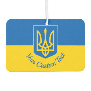 Ukrainian flag with coat of arms and custom text car air freshener
