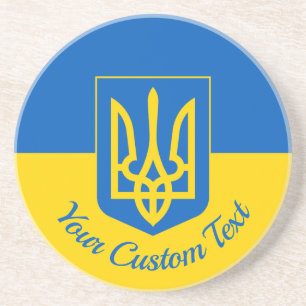 Ukrainian flag with coat of arms and custom text coaster
