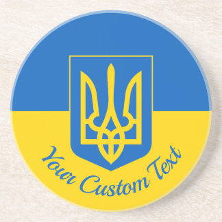 Ukrainian flag with coat of arms and custom text coaster