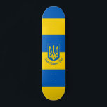 Ukrainian flag with coat of arms and custom text skateboard<br><div class="desc">Skateboard with the flag of Ukraine,  a blue and yellow flag with the Ukrainian coat of arms (emblem) with a trident in the centre,  and a custom text template for your message</div>