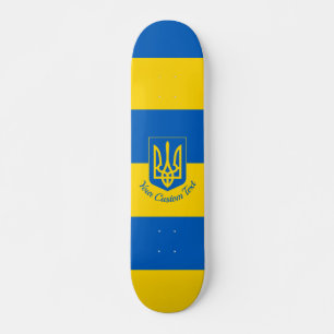 Ukrainian flag with coat of arms and custom text skateboard