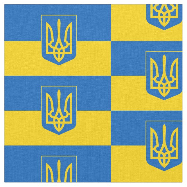 Ukrainian flag with coat of arms fabric (Close Up)