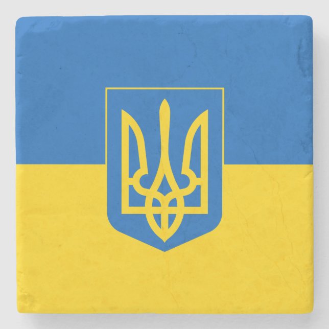 Ukrainian flag with coat of arms stone coaster (Front)