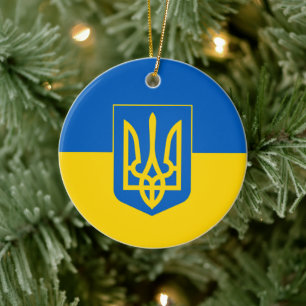 Ukrainian flag with the coat of arms ceramic tree decoration