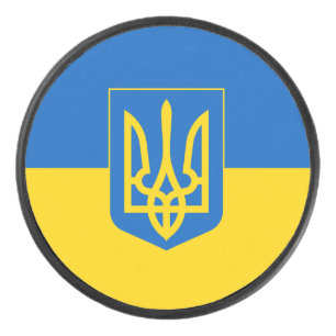 Ukrainian flag with the coat of arms hockey puck