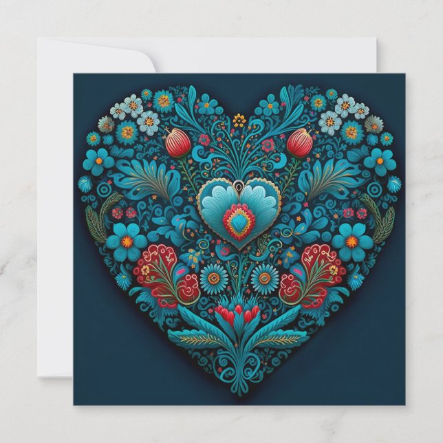 Ukrainian Folk Art- Inspired Heart in Blue Holiday Card (Front)