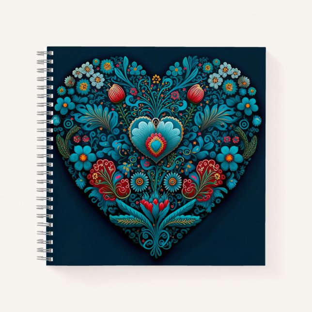 Ukrainian Folk Art - Inspired Heart in Blue Notebook (Front)