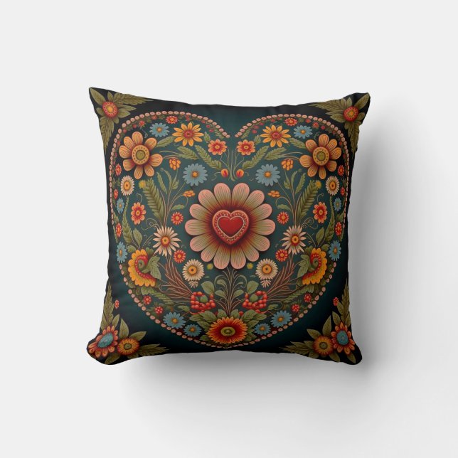 Ukrainian Folk Art - Inspired Heart in Multi Colou Cushion (Front)