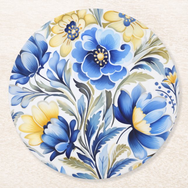 Ukrainian folk art pattern round paper coaster (Front)