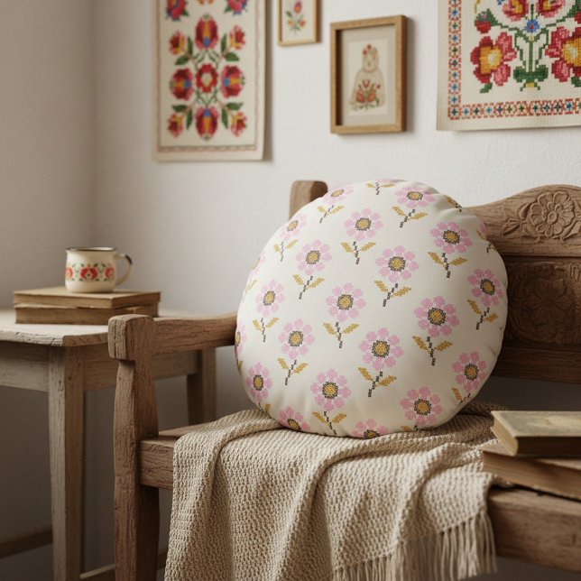 Ukrainian Folk Cross Stitch Embroidery Floral  Round Cushion (Creator Uploaded)