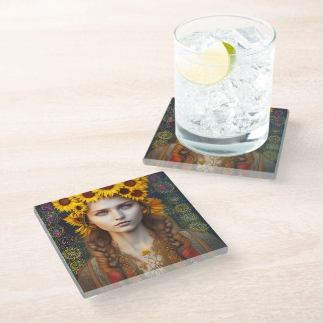 Ukrainian Girl of Amulets & Sunflowers   Glass Coaster (Angled)