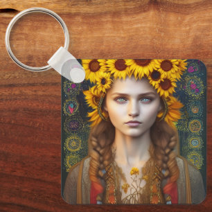 Ukrainian Girl of Amulets & Sunflowers  Key Ring