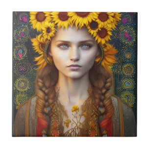 Ukrainian Girl of Amulets & Sunflowers  Tile