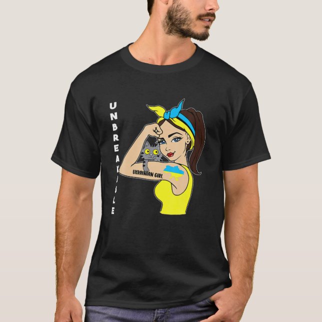 Ukrainian Girl Unbreakable And Cat Ukraine Flag T-Shirt (Front)
