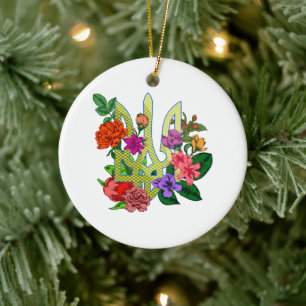 Ukrainian heraldry trident tryzub blooming flowers ceramic tree decoration