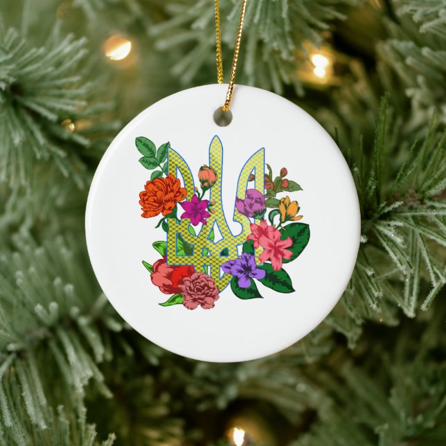 Ukrainian heraldry trident tryzub blooming flowers ceramic tree decoration (Tree)