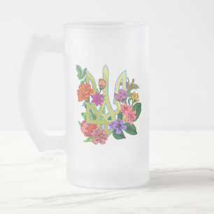 Ukrainian heraldry trident tryzub blooming flowers frosted glass beer mug