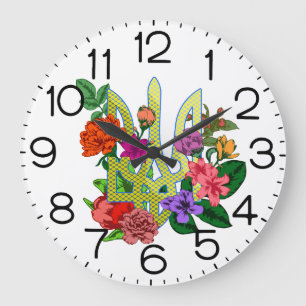 Ukrainian heraldry trident tryzub blooming flowers large clock