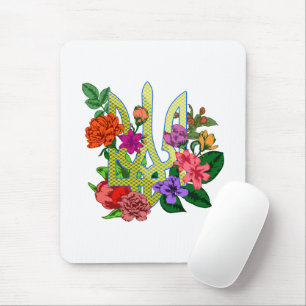 Ukrainian heraldry trident tryzub blooming flowers mouse mat