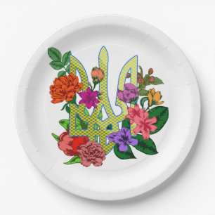 Ukrainian heraldry trident tryzub blooming flowers paper plate
