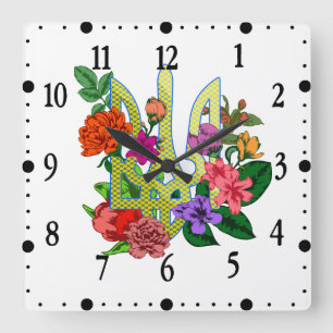 Ukrainian heraldry trident tryzub blooming flowers square wall clock