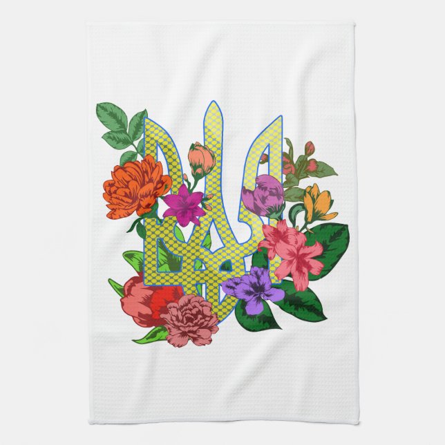 Ukrainian heraldry trident tryzub blooming flowers tea towel (Vertical)