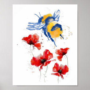 Ukrainian Hive Honey Bees Collect Pollen From Popp Poster