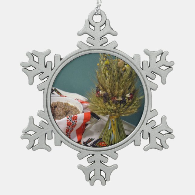 Ukrainian Kutya and Didukh Snowflake Pewter Christmas Ornament (Front)