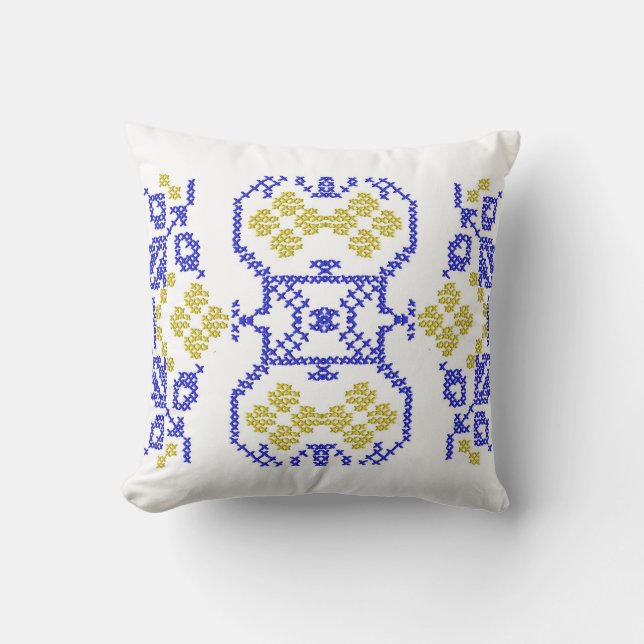 Ukrainian motive. Folk embroidery yellow blue Thro Cushion (Front)