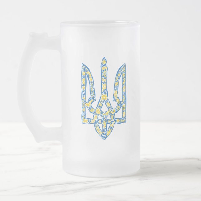 Ukrainian national emblem trident tryzub ethnical  frosted glass beer mug (Left)
