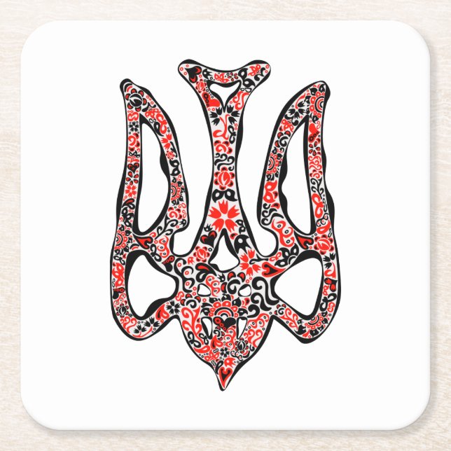 Ukrainian national emblem trident tryzub stylised square paper coaster (Front)