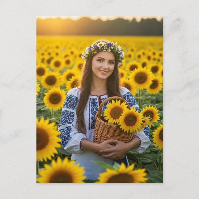 Ukrainian Pretty Girl Sunflowers Postcard (Front)