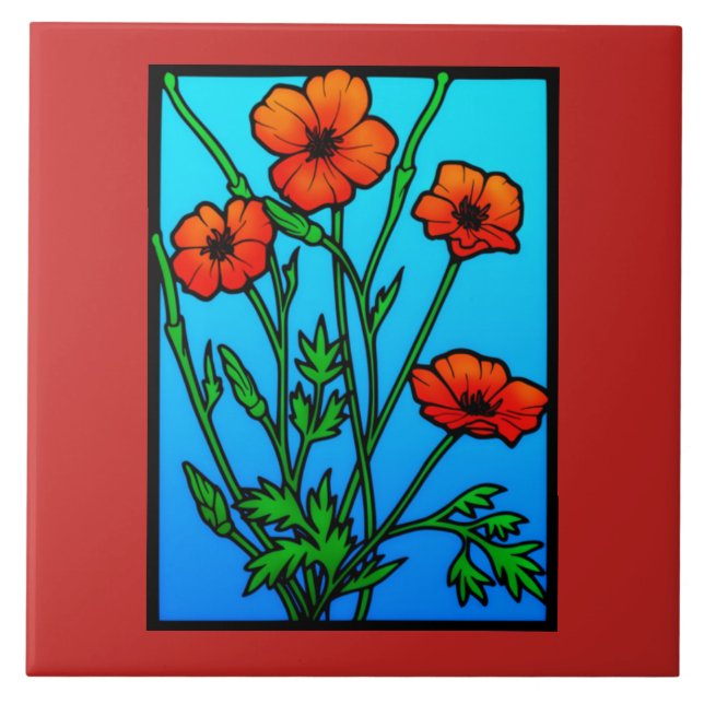 Ukrainian Red Poppies Floral Tile (Front)