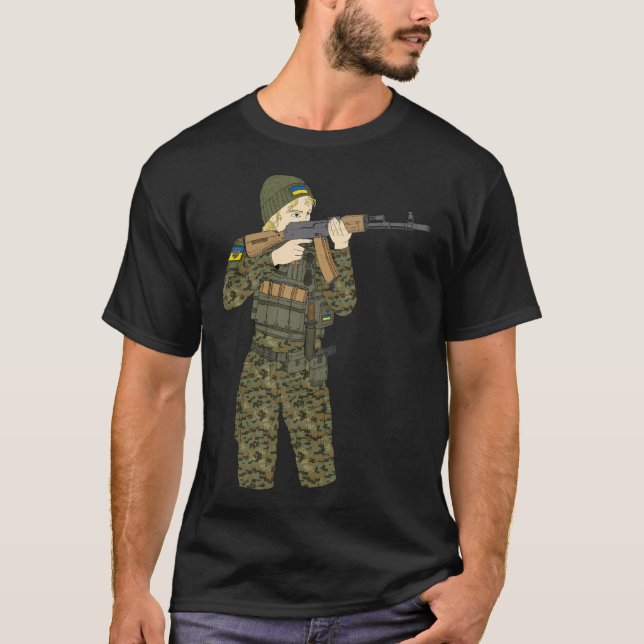 Ukrainian Soldier Lady. Slava Ukraine. Ak47. T-Shirt (Front)