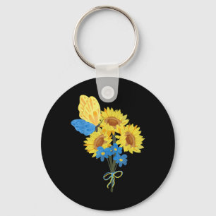 Ukrainian Sunflowers Tee Blue Yellow Butterfly Top Key Ring
