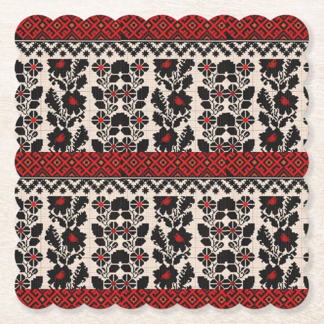 Ukrainian traditional vushuvanka folk art pattern. paper coaster (Front)