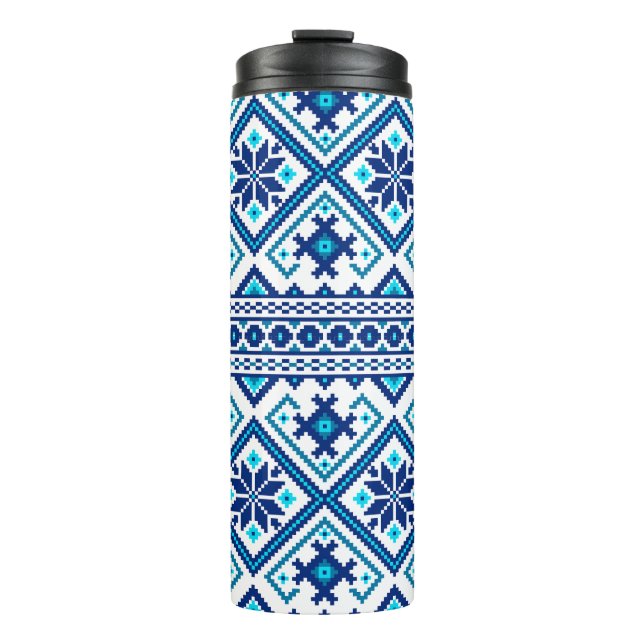 Ukrainian traditional vushuvanka folk art pattern  thermal tumbler (Front)